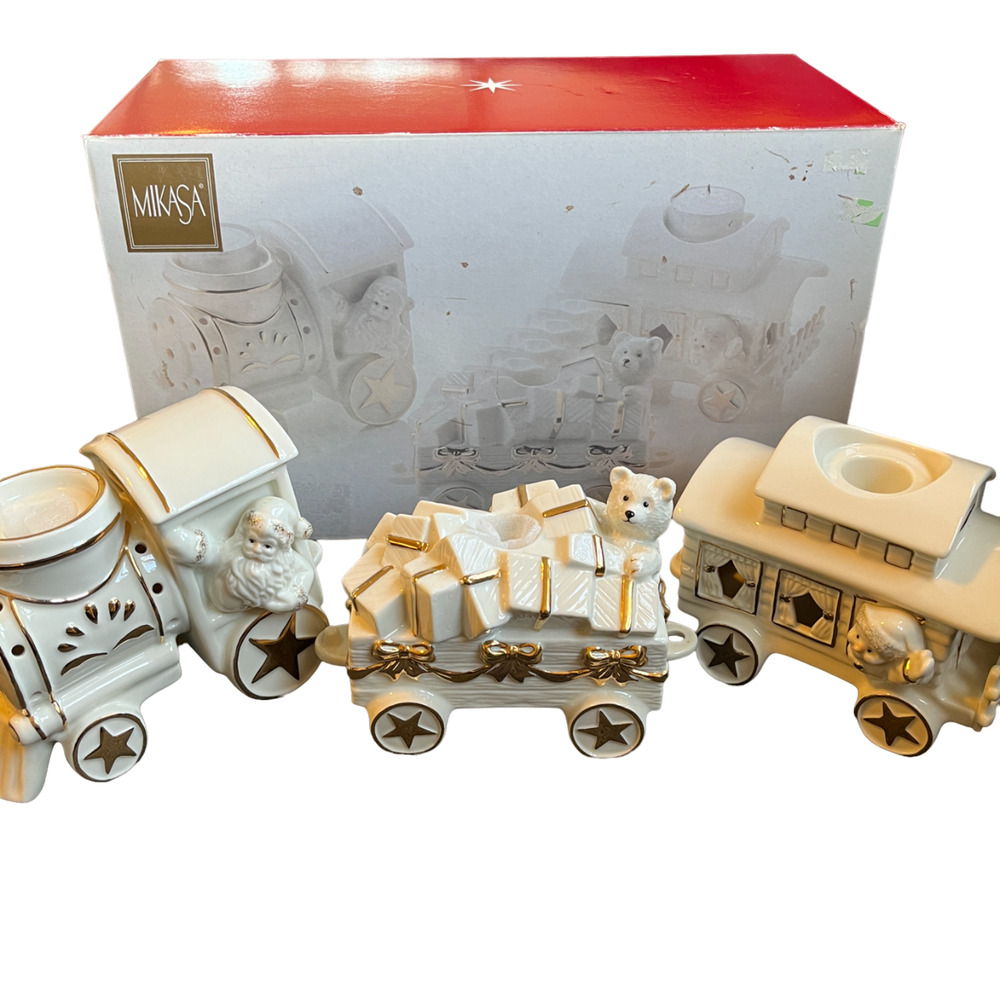 NEW MIKASA Holiday Elegance 3 Piece Interlocking Porcelain Train Candle Holder